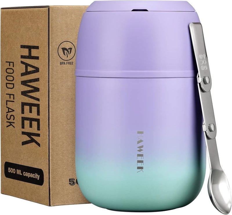 Haweek Insulated Soup Thermo 17oz - Stainless Steel Vacuum Lunch Box for Adults, Kids Leakproof Hot Food Container with Handle Folding Spoon (School Office Outdoor) - Image 1